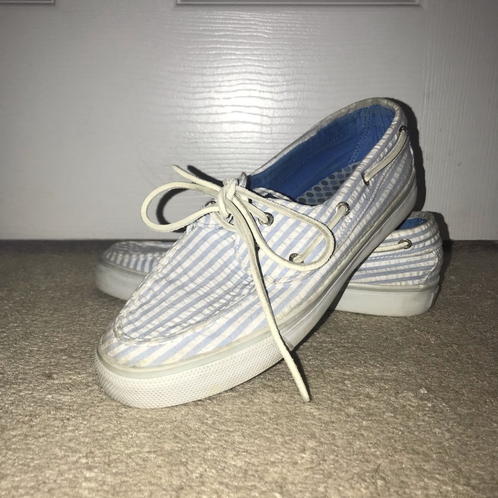 Women’s blue and white striped Sperrys